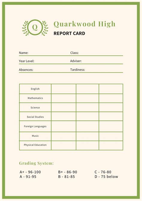 high school report card template free
